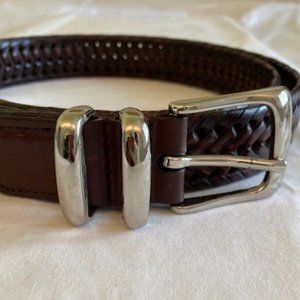 Perry Ellis Portfolio Brown Woven Leather Belt w/ Silver Buckle and Tip Size 44